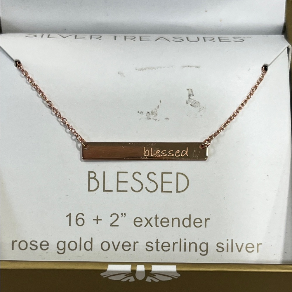 Sterling silver with rose gold vermeil Blessed bar necklace, NIB